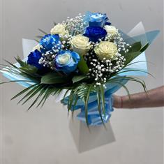blue and white rose hand tied